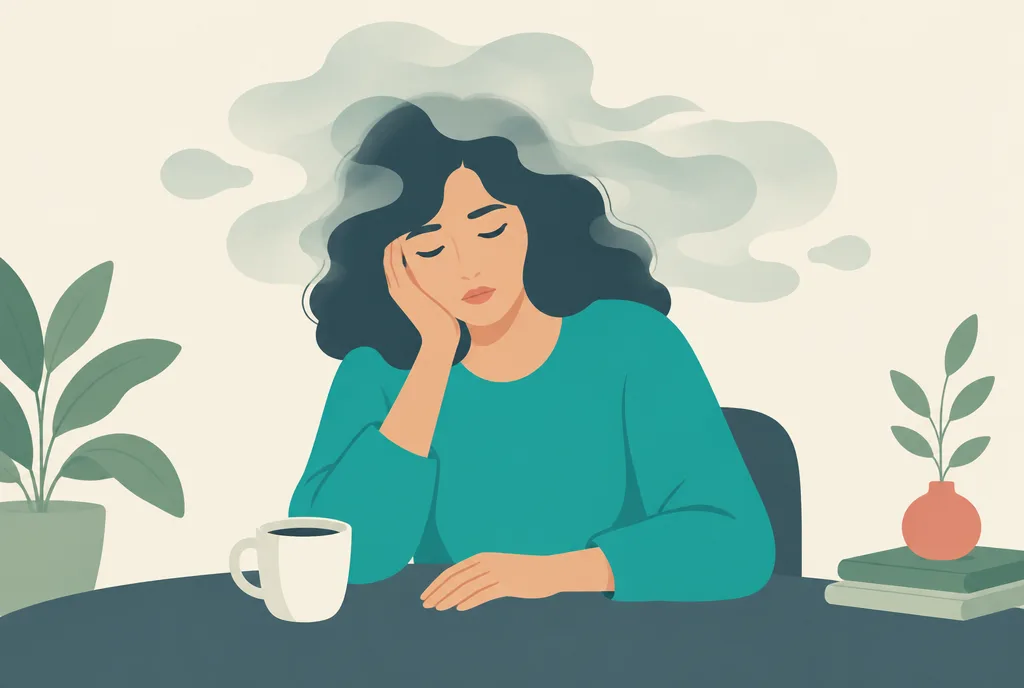 Illustration of a tired woman at a table with a coffee cup, tingling prickles shown along her hand and a faint fog around her head