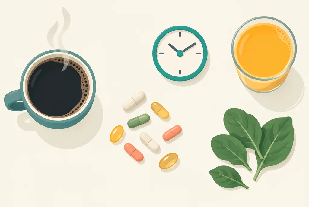 Flat-lay illustration of a coffee cup beside a clock, supplement capsules, a glass of orange juice, and a salmon fillet suggesting timing