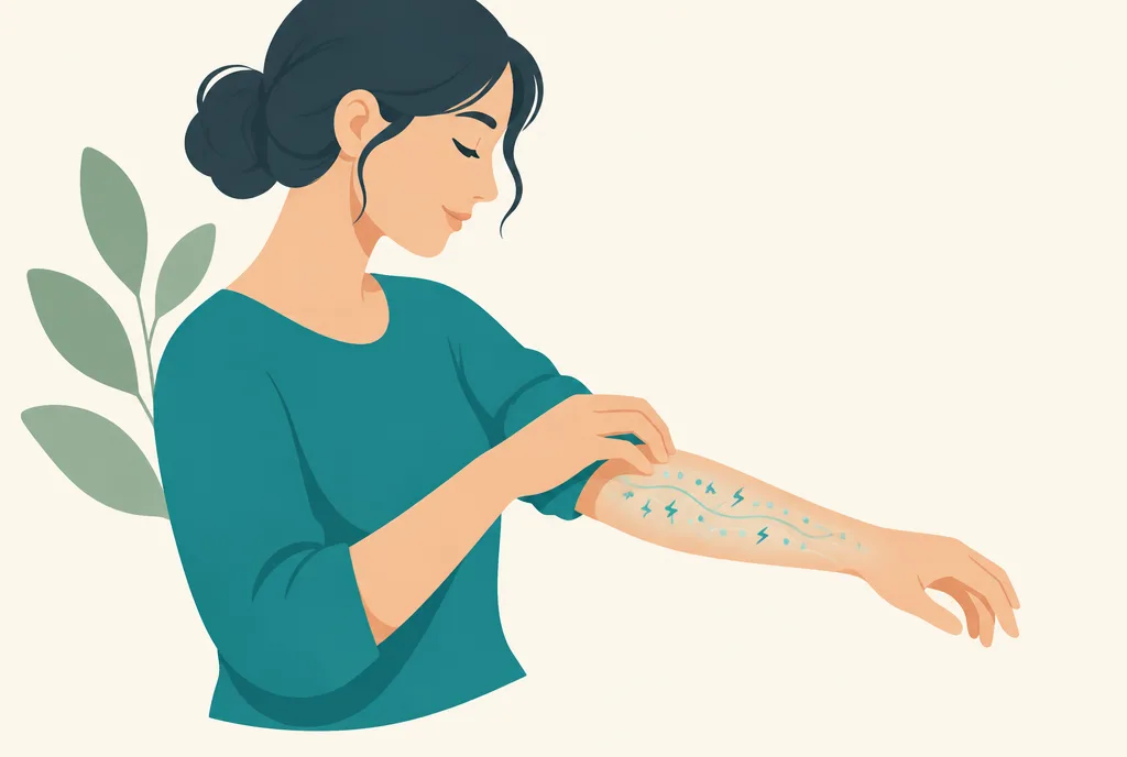Illustration of a calm woman scratching her forearm, with tingling prickles shown under the skin and no visible rash