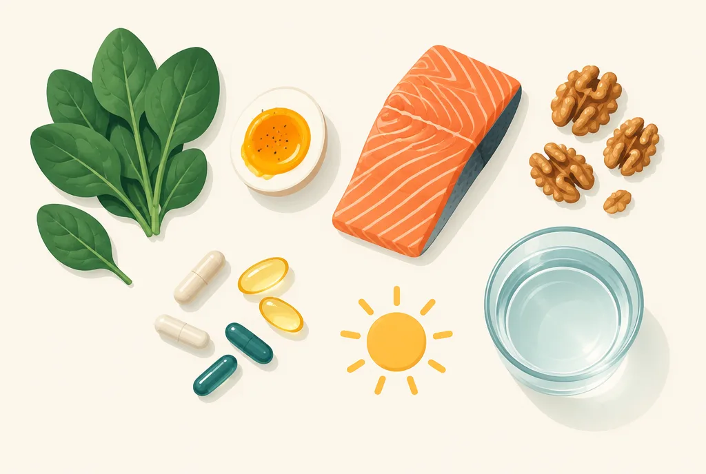 Flat-lay illustration of foods and supplements for itchy skin: spinach, egg, salmon, walnuts, capsules, sunshine, and water